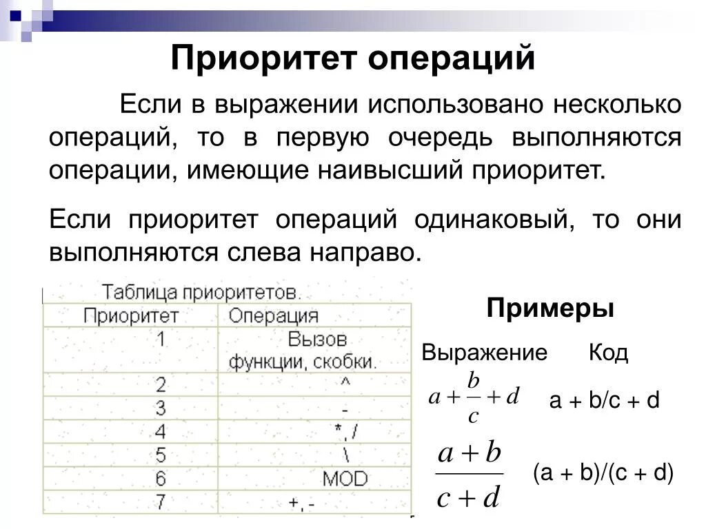 В каком порядке выполняется операция. Приоритет операций. Приоритет арифметических операций. Приоритеты операций в выражениях:. Приоритет математических операций в математике.