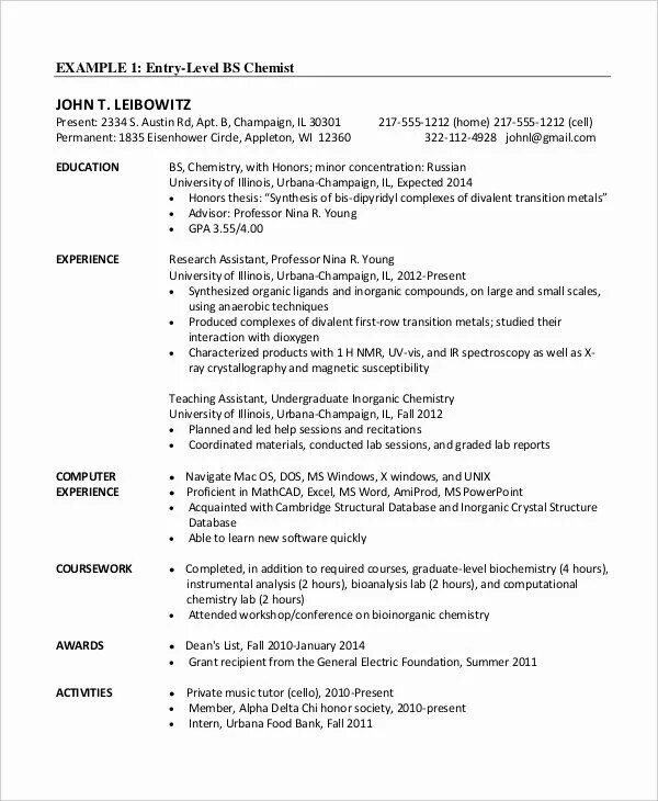 CV Chemical Engineer. Sample of CV Chemical Engineer. CV Chemists. Entry level