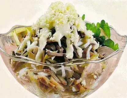 Салат с языком соленым огурцом и яйцом