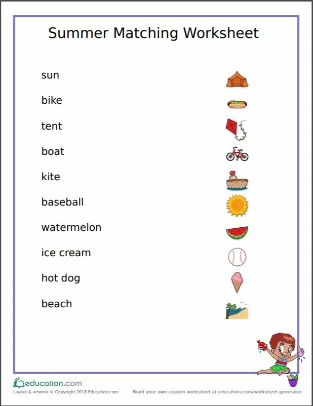 Match the words fun. Летние занятия на английском языке. Лето Worksheets. Праздники Worksheets for Kids. English Worksheets for Kids Summer.