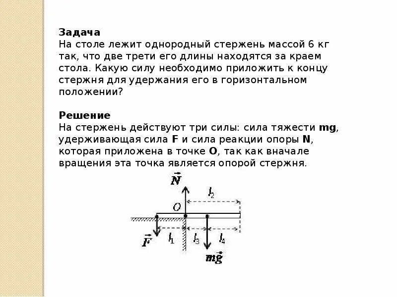 Силы действующие на стержень. Какие силы действуют на стержень. На столе лежит однородный стержень. Стержень покоиться на двух опорах. Какая сила должна быть приложена к левому