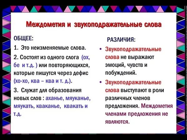 Чем отличается текст от предложения. Междометия и звукоподражания таблица. Звукоподражательные слова и междометия различия. Междометия и звукоподражательные знаки препинания. Отличие звукоподражаний от междометий.