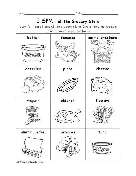 I go to the grocery store. Grocery store worksheets. spy worksheets for kids. supermarket worksheet.