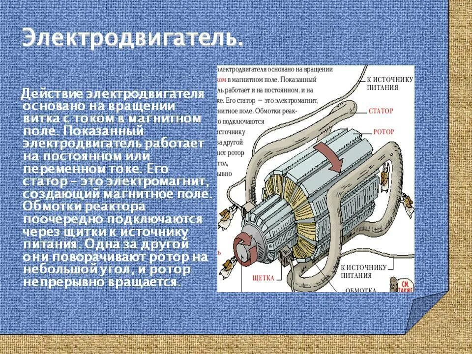 Почему постоянно вращается. Электродвигатель постоянного тока физика 8 класс. Принцип действия электродвигателя постоянного тока 8 класс. Принцип электродвигателя физика 8 класс. Электромотор устройство принцип работы.