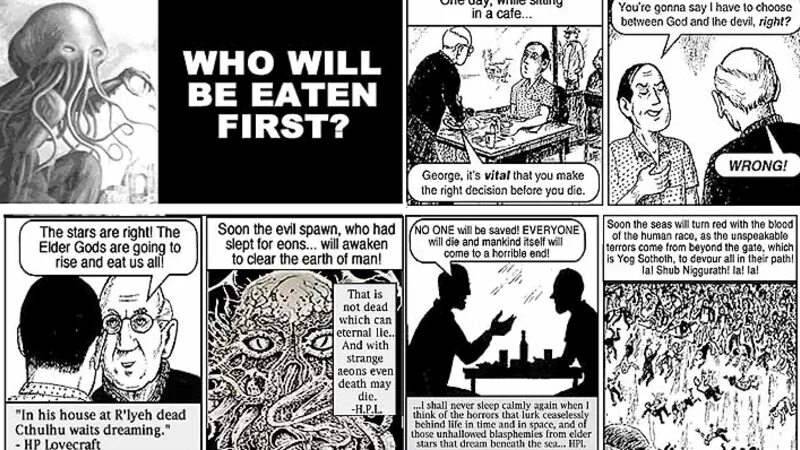 Lurk перевод. Комиксы Jack chick. Йог Сотот демотиваторы. Chick tracts. Unspeakable Horror.