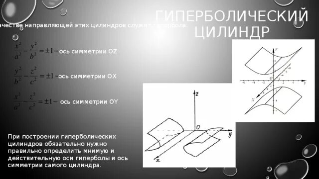 Ось симметрии цилиндра. Сечения гиперболического цилиндра плоскостями. гиперболический цилиндроид. гиперболический цилиндр уравнение. гиперболический цилиндр второго порядка.