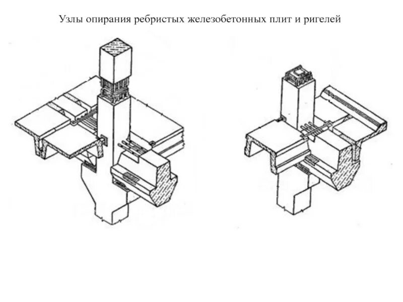 Узел опирания ребристой плиты на ригель. Узел опирания ригеля на колонну. Опирание ригеля на колонну. Опирание ребристой плиты на ригель.