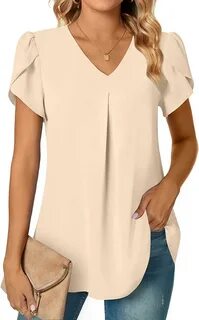 Anyally Women's Summer Dressy Chiffon Blouses Short Sleeve V Neck Tuni...