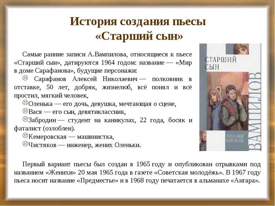 Кто написал произведение сыновья. Старший сын герои произведения. Старший сын произведение. Персонажи пьесы старший сын. Пьеса старший сын.