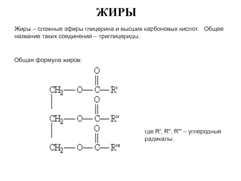 Тест сложные эфиры жиры вариант 1. Общая формула сложных эфиров жиров. Сложные эфиры жиры общая формула. Жиры как сложные эфиры общая формула. Жиры это сложные эфиры глицерина и высших карбоновых кислот.