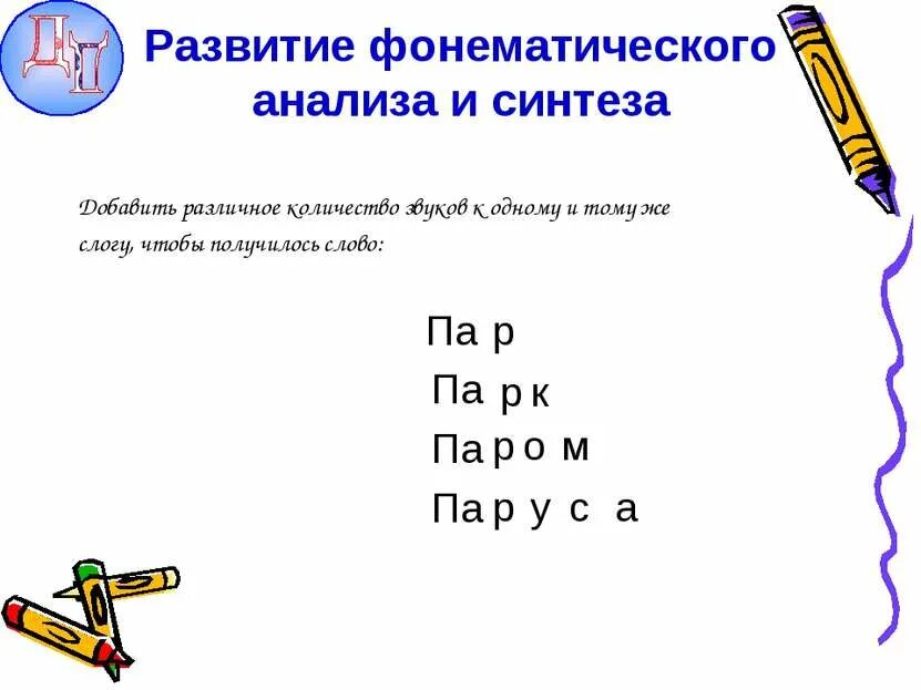 Развитие фонематического восприятия. Слоговой анализ. Упражнения на развитие фонематического восприятия. Разбор словпо составцу. Составить терминологический словарь.