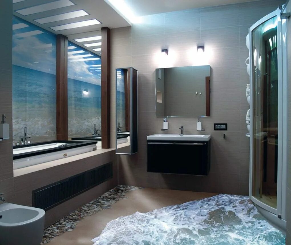 3д полы в ванной. 3д полы. Пол рисунок. 3д полы в ванной. Ванна в стиле моря пляжа.