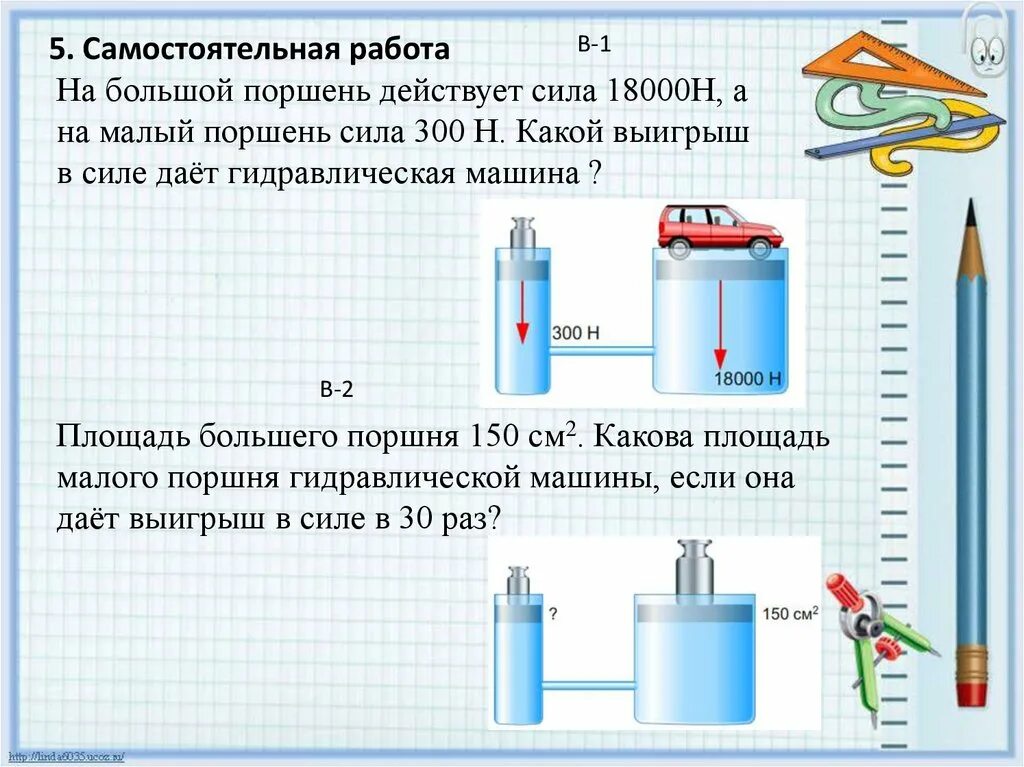 На малый поршень действует сила