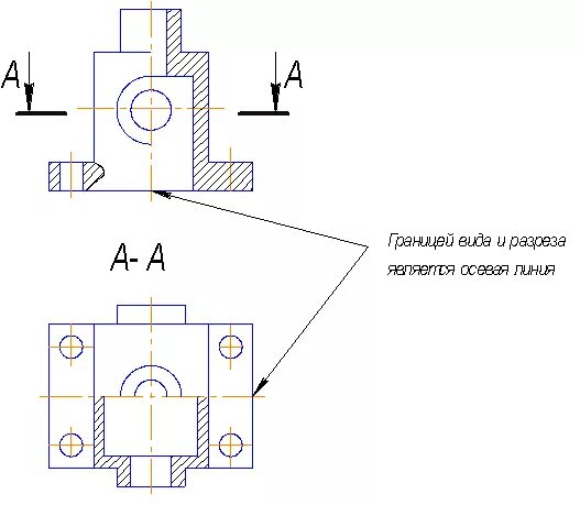 Линия выреза. Осевые линии на разрезе. Половинчатый разрез на чертеже. Черчение сложный разрез на чертеже.
