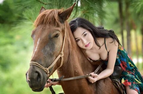 Download Wallpaper animals, women, model, looking at viewer, horse, Asian, ...