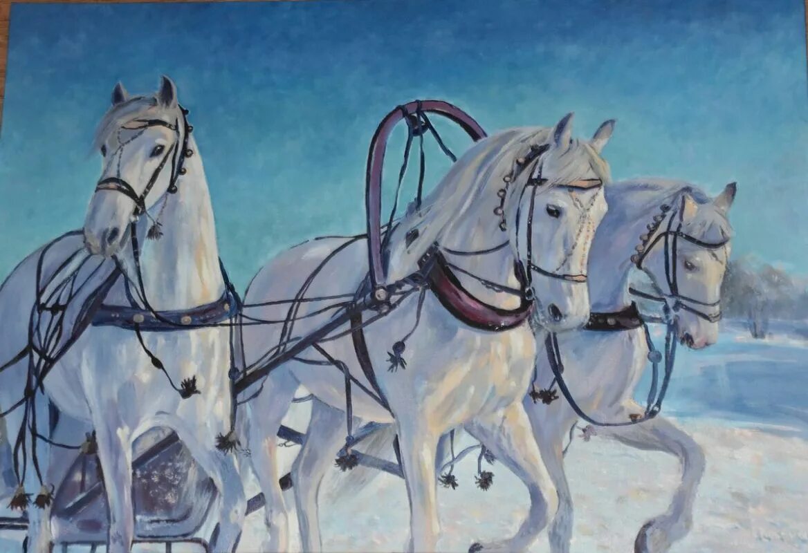 Картина русская тройка в коломенском игоря разживина. Тройка лошадей. Тройка три белых. Тройка три белых. Упряжка для лошади.