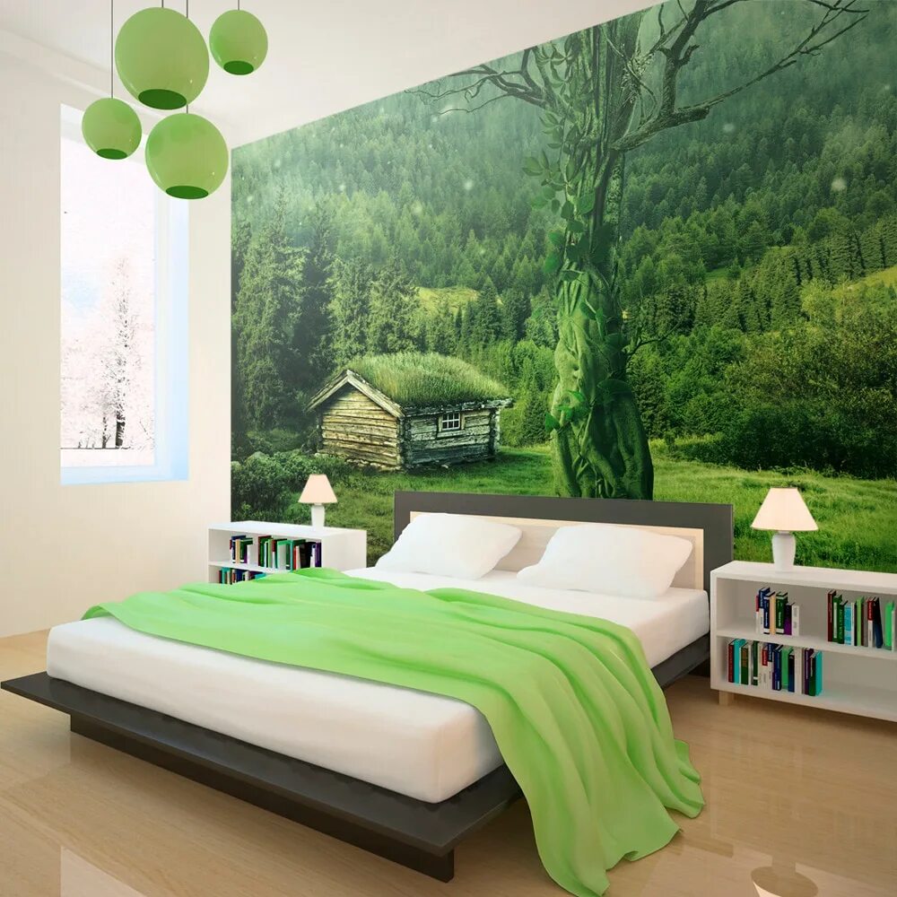 Зеленый расширяет. Спальня в салатовых тонах. Спальня в зеленых тонах. Фотообои в интерьере спальни. Интерьер спальни в зеленых тонах.