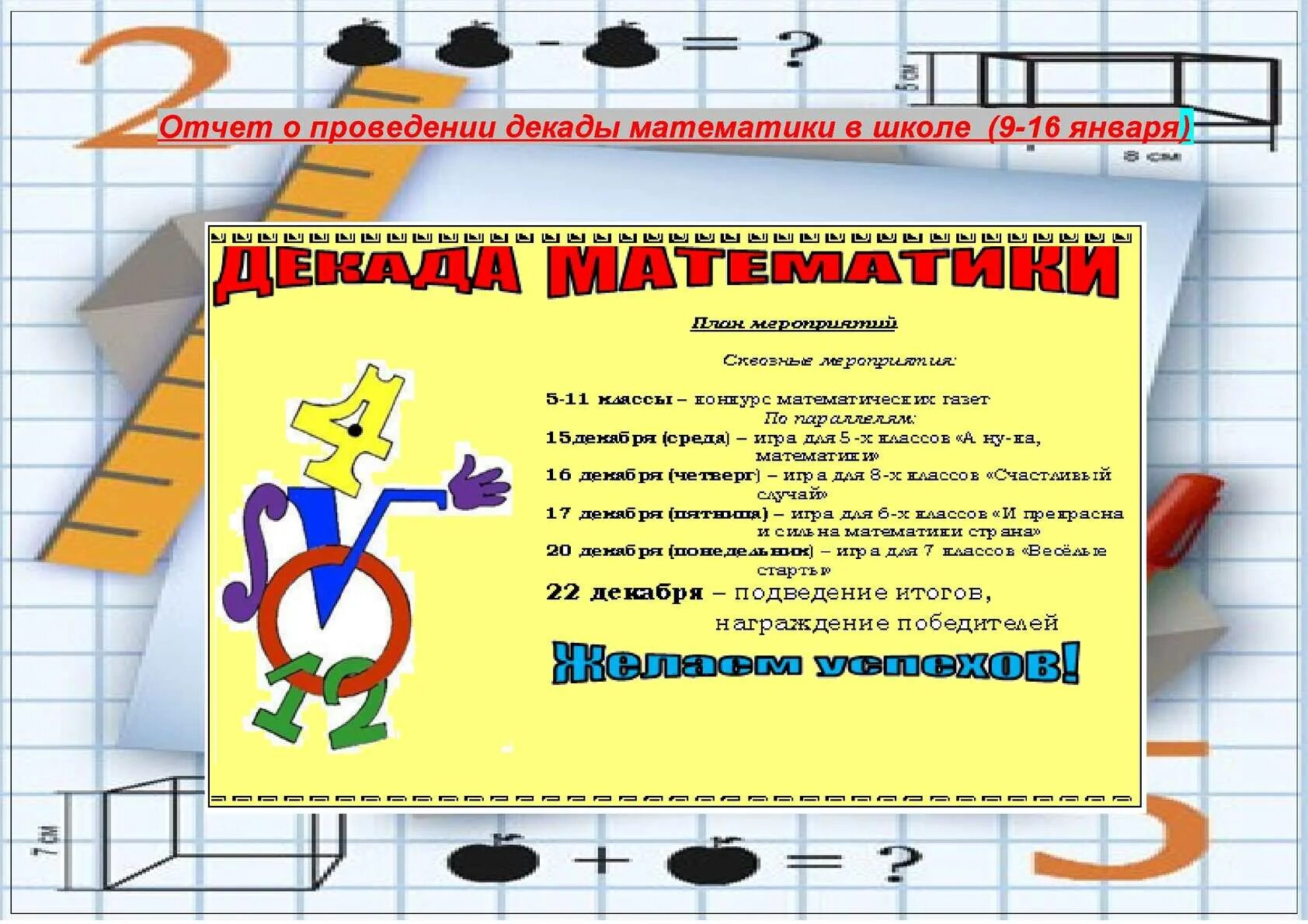 Неделя математики мероприятия. Отчет декады. Отчет декады. План проведения декады начальной школы. Рисунки для декады по математике.