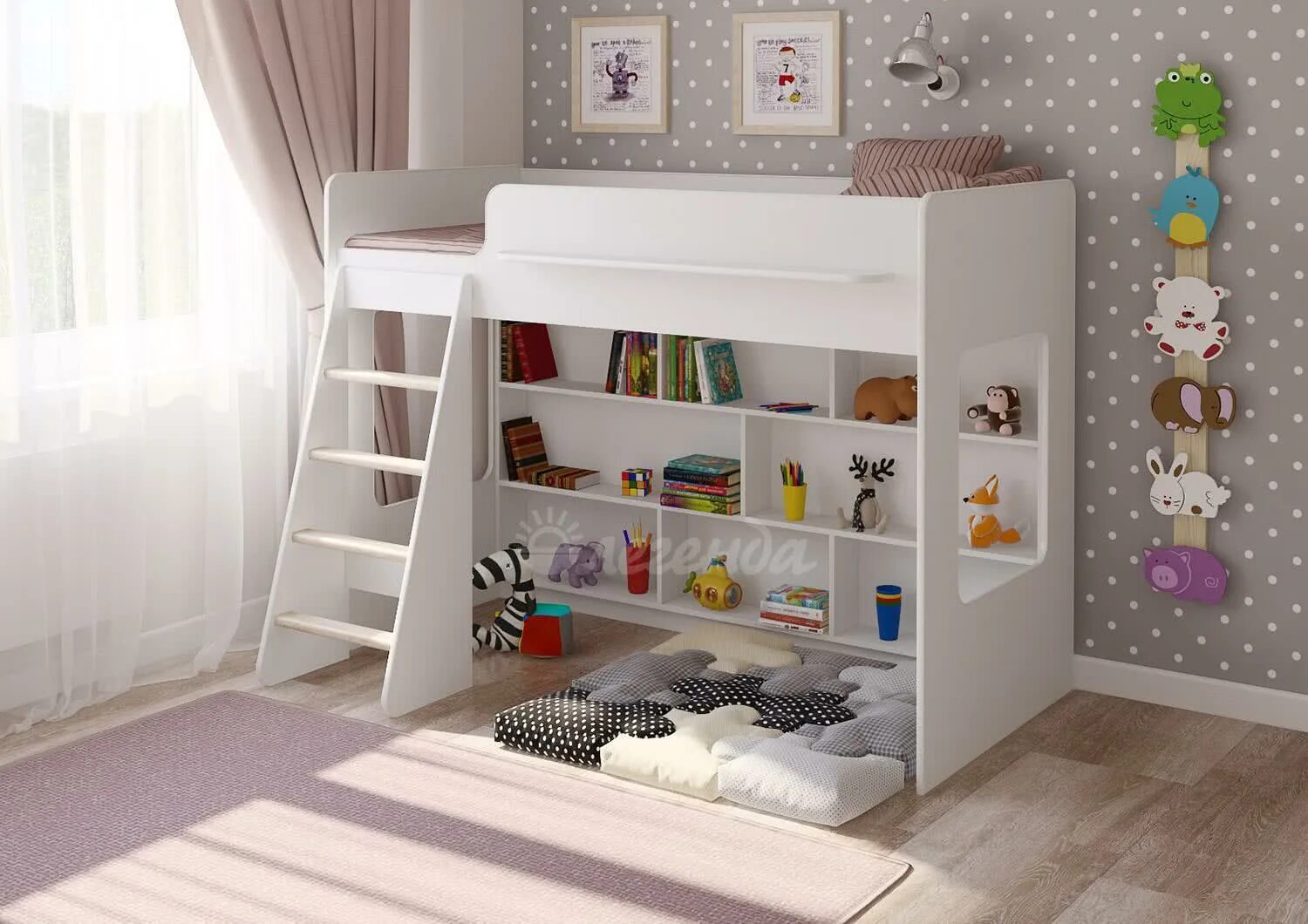 Кровать чердак детский фото High Sleeper bed / Children's bed Dominik, solid beech wood, white painted, incl