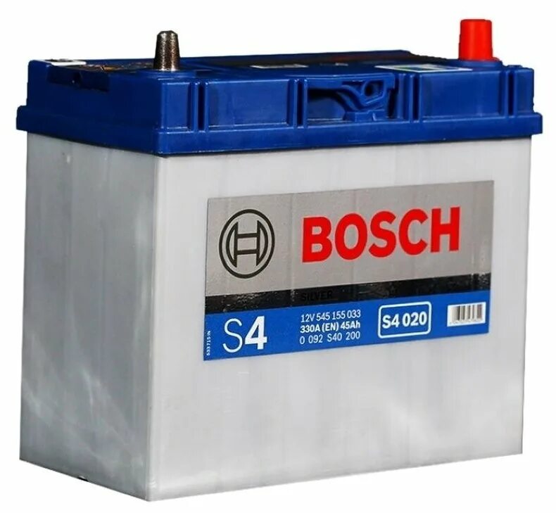 Аккумулятор Bosch 45 а/ч. Автомобильный аккумулятор Bosch s4 004. Аккумулятор 6ст- 45 "Bosch s4" Asia о.п.,тонкие клеммы (пусковой ток 330а). Аккумулятор Bosch 0092s40230.