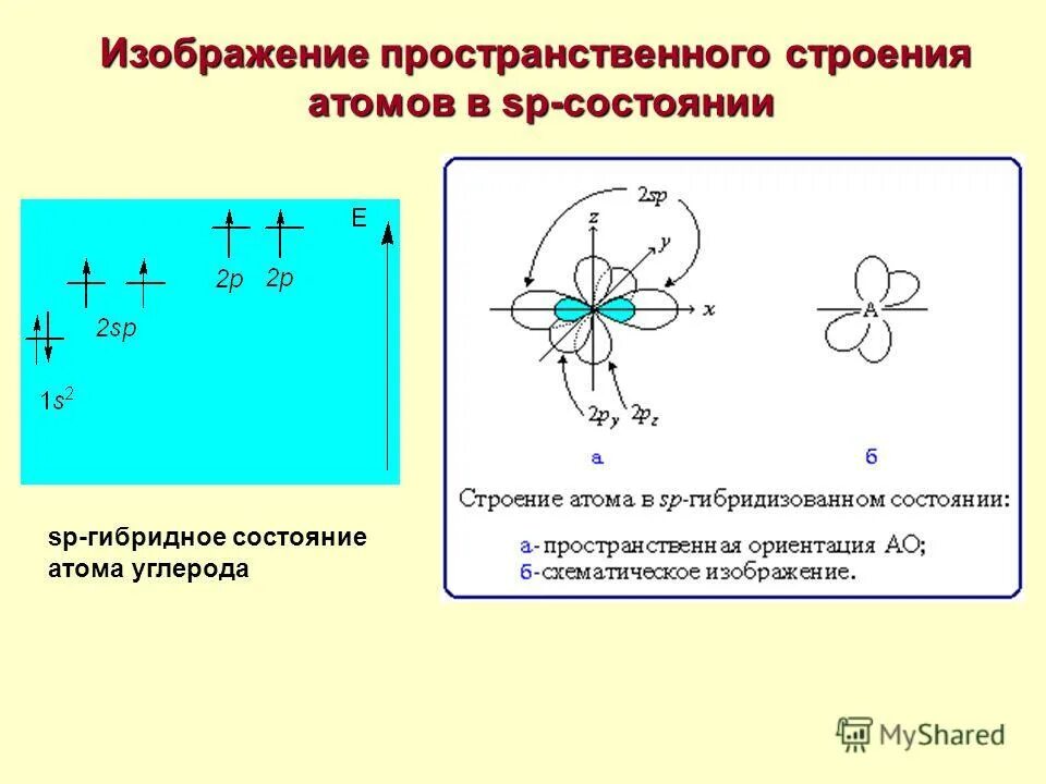 Состояния атома углерода в органических соединениях. Схема строения атома углерода. Гибридное состояние атомов углерода. Пространственное строение атома.