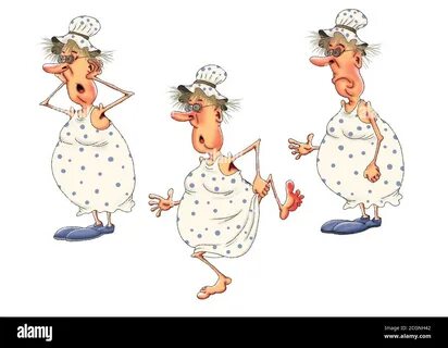Stock Photo. funny grandmother in a nightgown and a cap in various poses. 