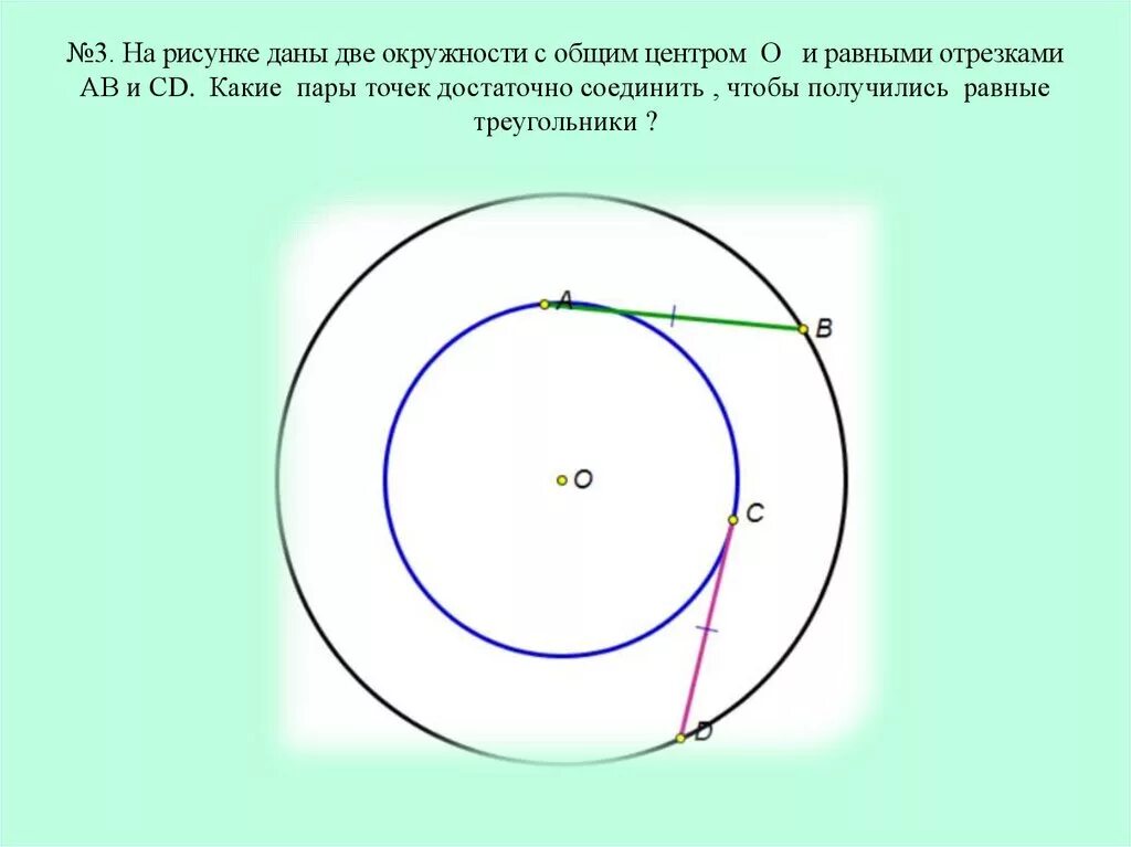 Окружности с общим центром. Две окружности с равными отрезками. 2 Окружности с общим центром. Семейство окружностей. Три равные окружности имеют общую точку