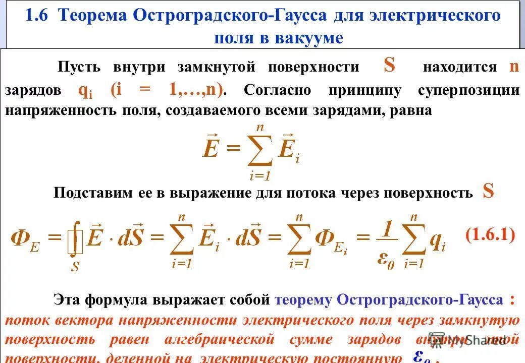 Теорема Остроградского Гаусса для электрического поля в вакууме. Теорема Остроградского-Гаусса формула.