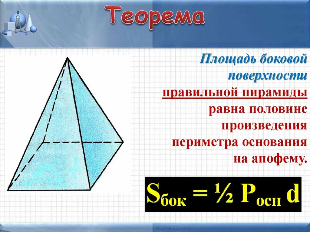 Площадь равна половине произведения периметра основания на. Площадь боково1 поверхности пирамиды. Пирамида площадь боковой поверхности пирамиды. Площадь боковой поверхности пирамдм. Теорема о боковой поверхности правильной пирамиды.