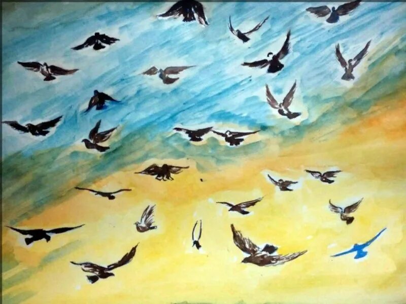 Птицы перелетают 2. Ритм пятен птицы. Живопись птицы улетают. Ритмическое изображение летящих птиц. Рисование на тему перелетные птицы.