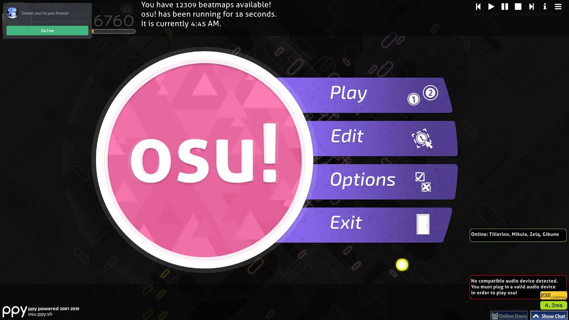 Dayerteq osu. Osu главное меню. osu скрины. osu main menu. osu плеер.