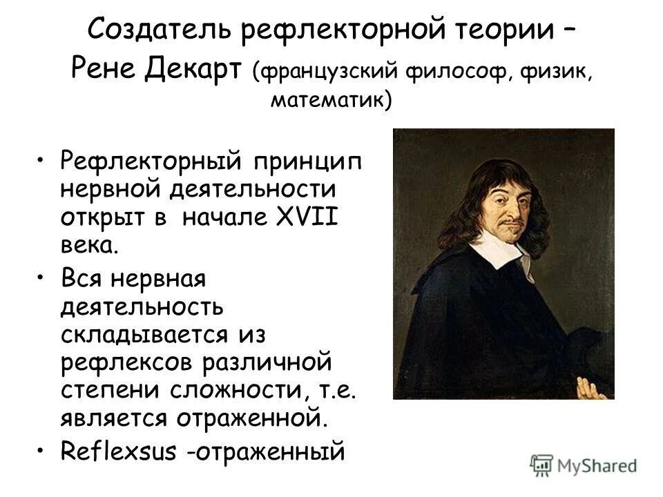Модель рефлекторной дуги по р. Учение р. Декарт эпоха возрождения. Рефлекторная теория декарта. Рене декарт рефлекс.