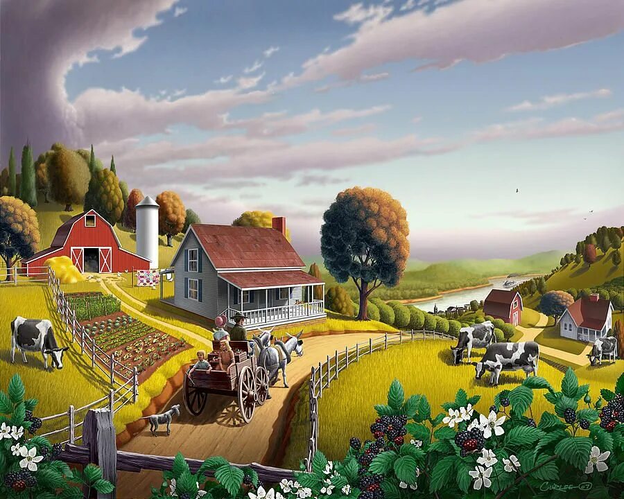 Картинка ферма. Farm City деревня. "Country Life. Деревенская жизнь", (Docrafts). Художник Walt Curlee. Сказочная деревня.