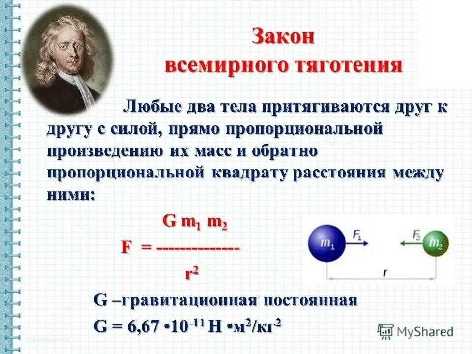 Закон тяготения Ньютона. Сила тяготения Ньютона. Второго закона Ньютона и закона Всемирного тяготения:.