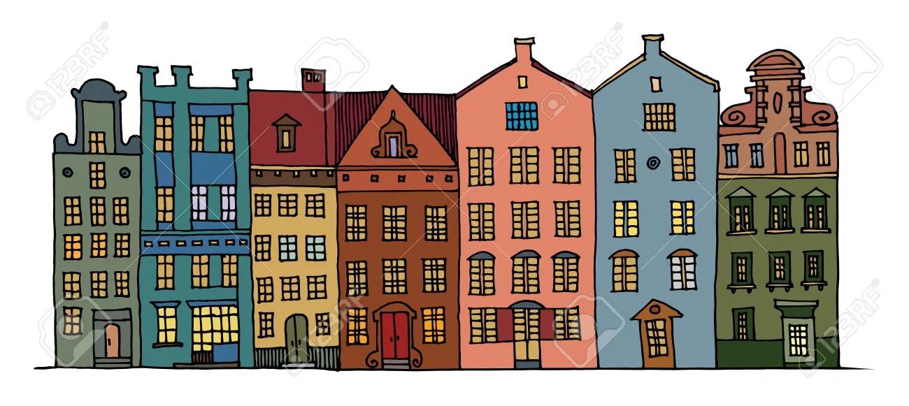 Многоэтажный дом мультяшный. Домики в ряд. Нарисовать ряд домиков. Европейские домики иллюстрации. Дома в ряд рисунок