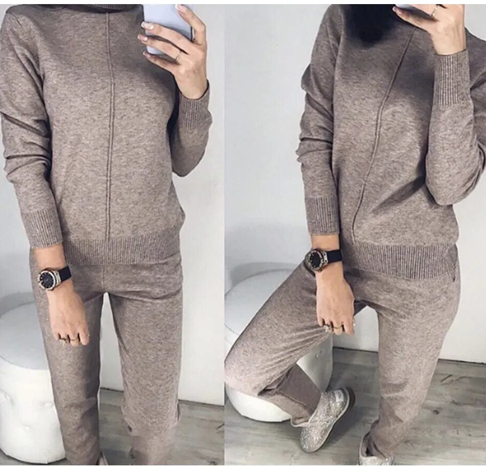Тёплый домашний костюм женский. Костюм теплый со штанами. Теплый трикотажный костюм женский с брюками. Женский вязаный костюм. Трикотажный брючный костюм.