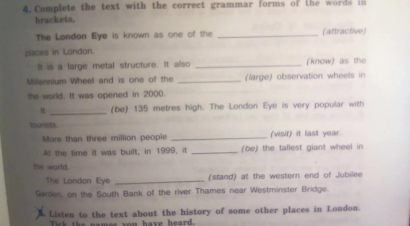Word in Brackets. Complete the text with the right form of the Words in Brackets. Complete the text with the correct Grammar forms of the Words in Brackets the London Eye гдз.