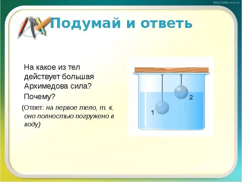 Одинаковая ли выталкивающая сила действует. На какое тело действует большая Архимедова сила. Изображение архимедовой силы. Задачи с архимедовой силой. Тело погруженное в воду.