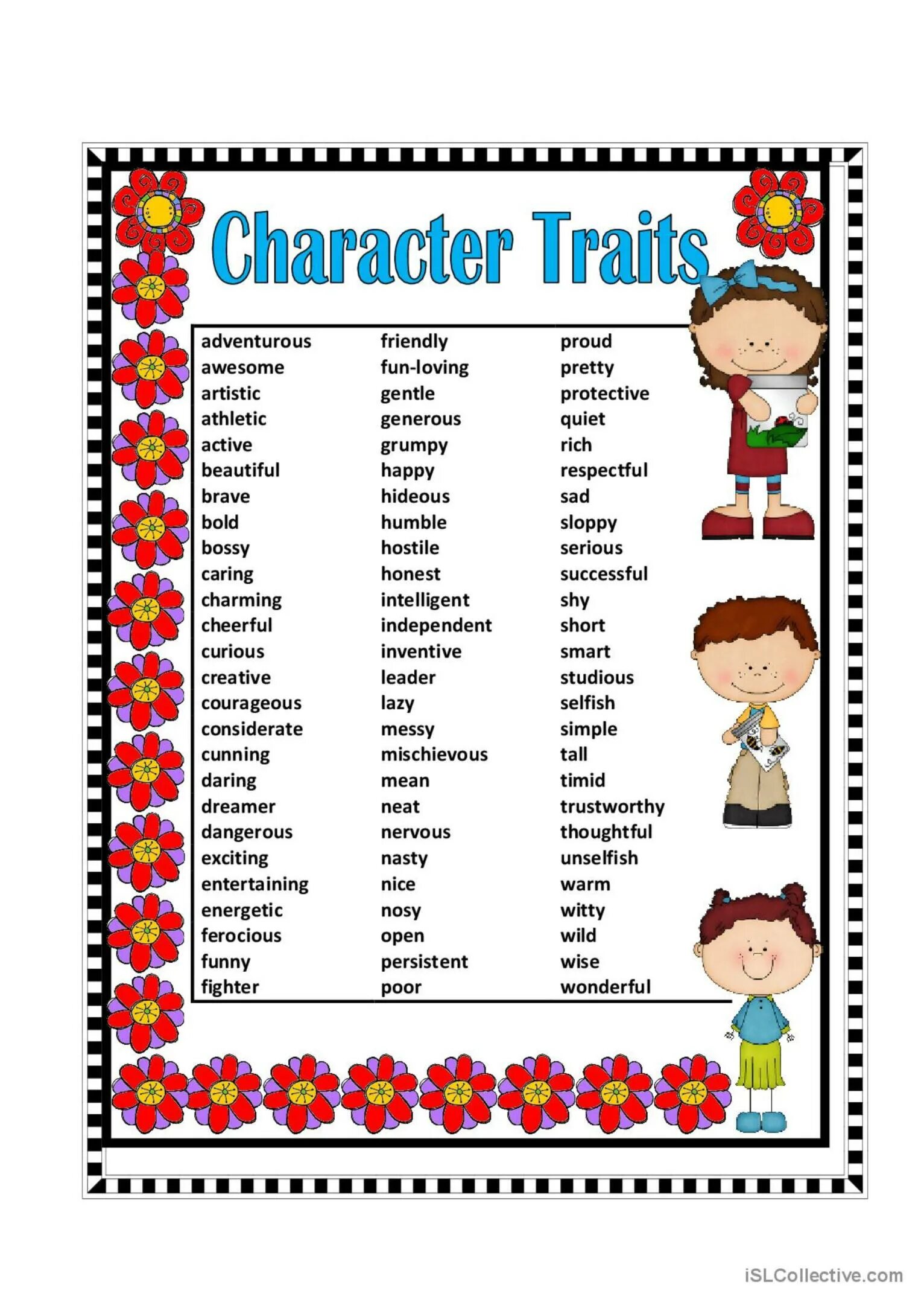 Adjectives traits of character. Traits of character Worksheet. Character traits for Kids. Задания на traits of character.