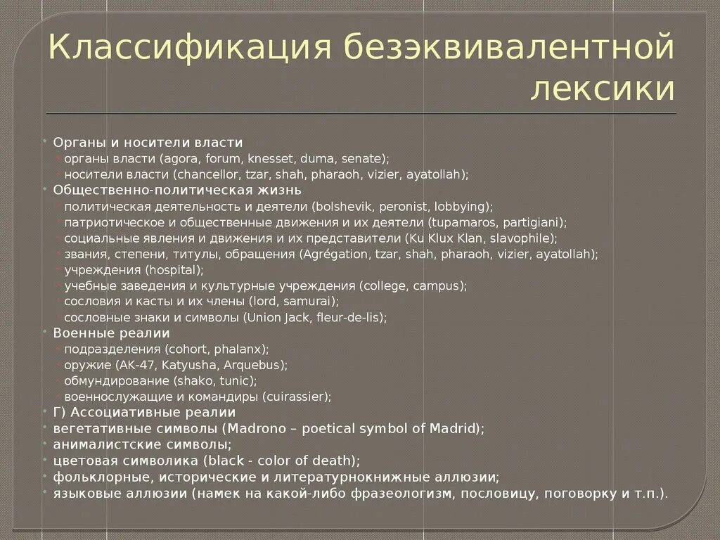 Без лексики. Классификация безэквивалентной лексики. Примеры безэквивалентной лексики. Безэквивалентная лексика в английском. Безэквивалентная лексика в фразеологизмов это.