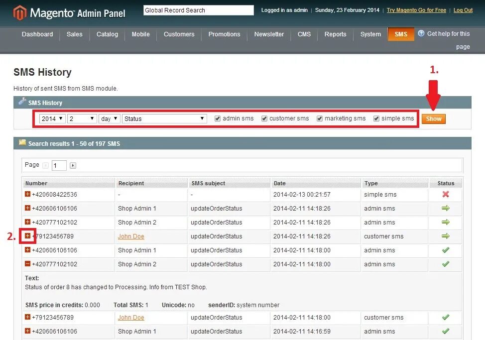 Magento смс. Order Table. Update admin