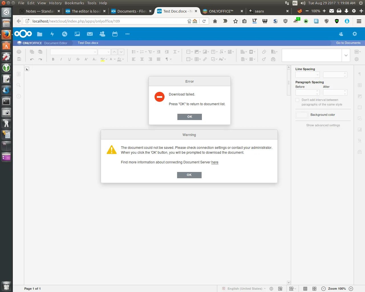 Nextcloud ONLYOFFICE docker. ONLYOFFICE Error loading. ONLYOFFICE document not loading. Not saved message. File is being edited