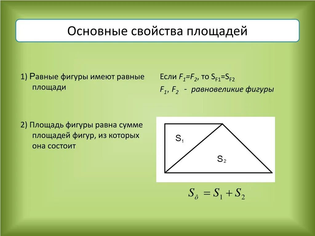 Свойства площадей фигур. Свойства равных фигур. Основное свойство площадей равные фигуры имеют равные. Фигуры имеющие площадь. Свойства основных фигур