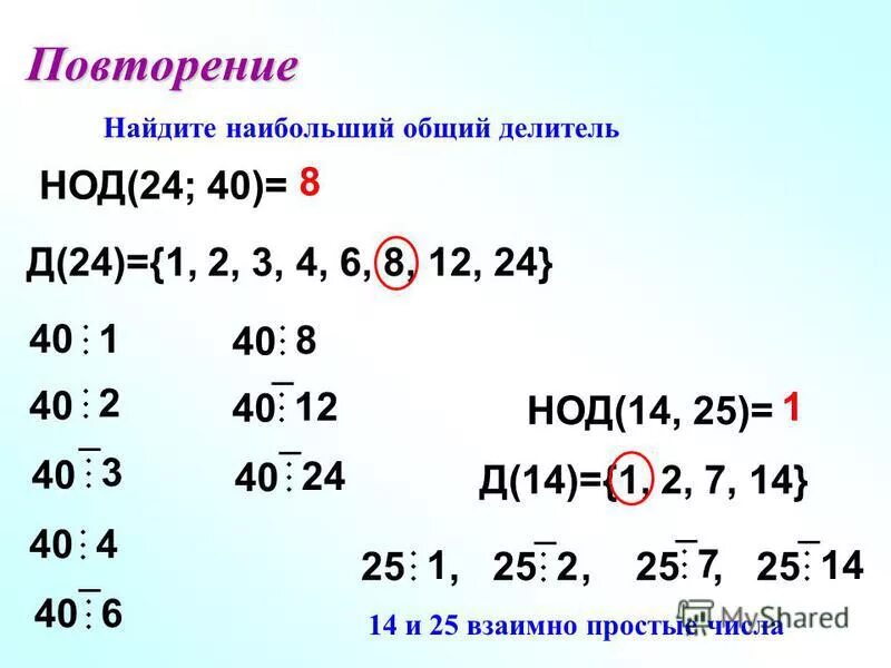 Найдите наибольший общий делитель чисел 64 96. Найдите наибольший общий делитель. НОД 24 И 40. Повторение наибольший общий делитель. НОД 14.