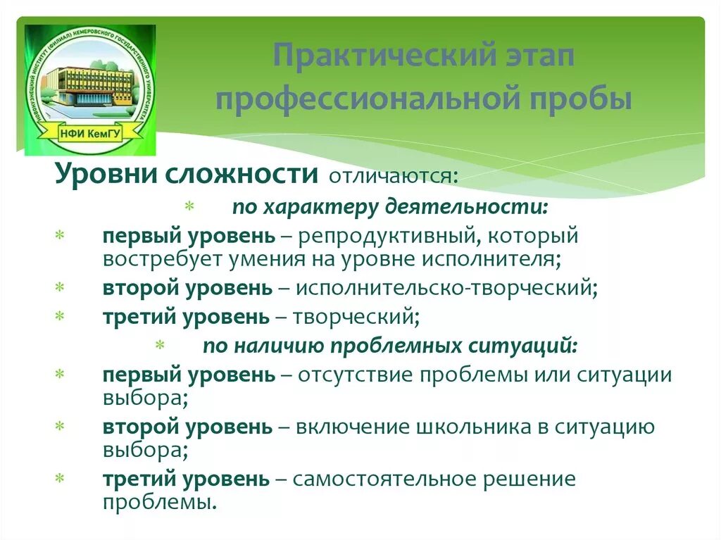 Профессиональные пробы. Цель профессиональной пробы. Уровень сложности профессиональной пробы. Этапы профессиональной пробы.