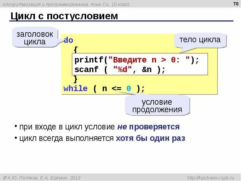 Цикл (программирование). Циклы в языке си. Программирование циклов в языке с++. Цикл с постусловием на языке си.