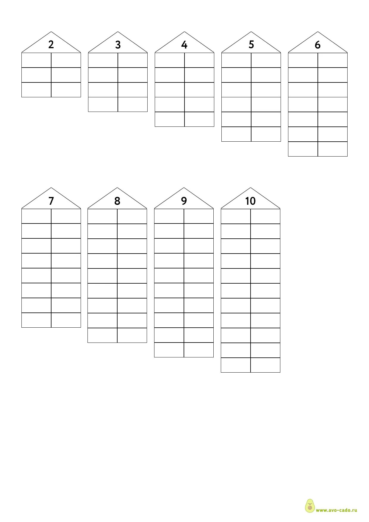 Таблица состава числа до 10 распечатать домики
