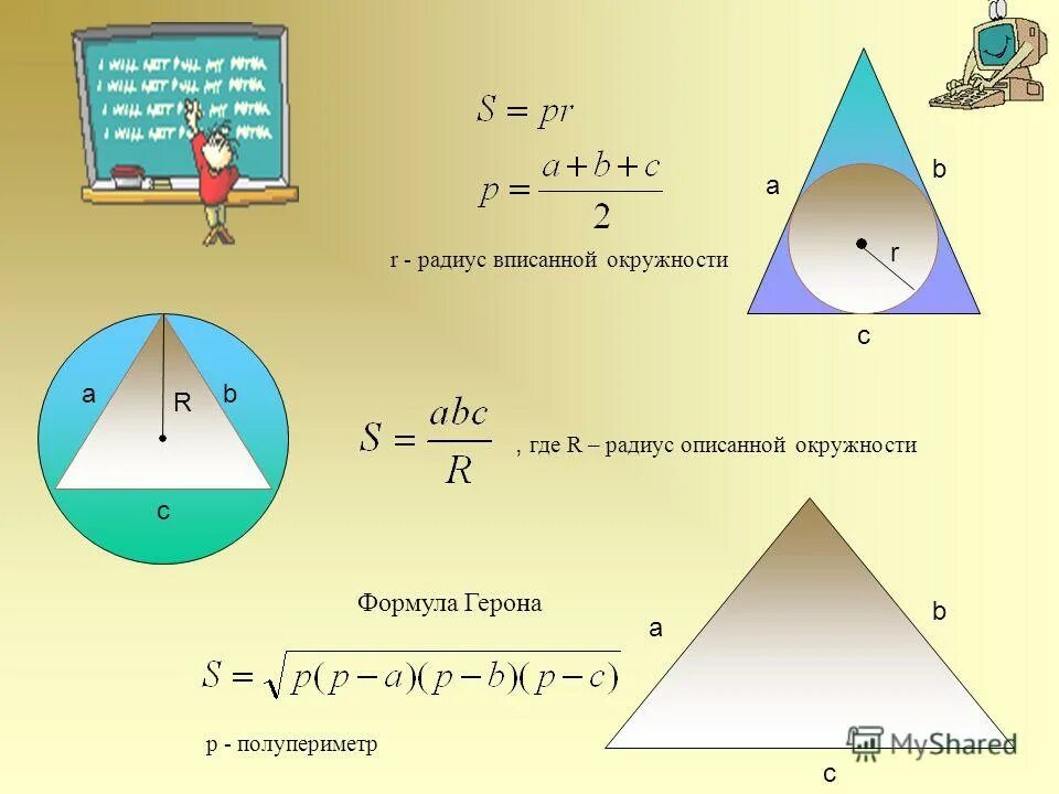 Радиус через. Формула площади треугольника с описанной окружностью. Формула площади через полупериметр и радиус вписанной окружности. Полупериметр треугольника радиус. Площадь треугольника периметр на радиус.