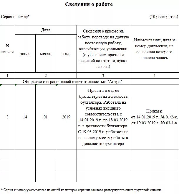 Запись в трудовой книге при переводе на основное место работы. С совместительства на основную работу запись в трудовой. Запись в трудовой книжке при переводе по основному месту работы. Перевод с совместительства на основную запись в трудовой книжке.