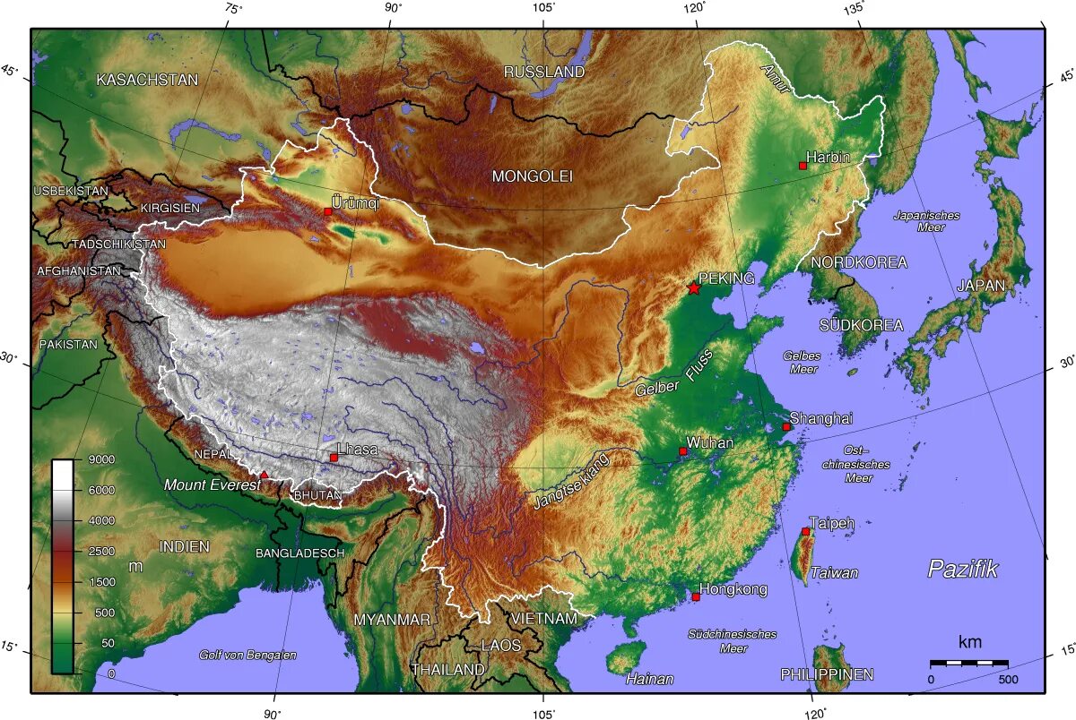 Средняя высота китайской равнины. Рельеф Китая карта. Карта Китая географическая рельеф. Рельефная карта Китая. Топографическая карта Китая.